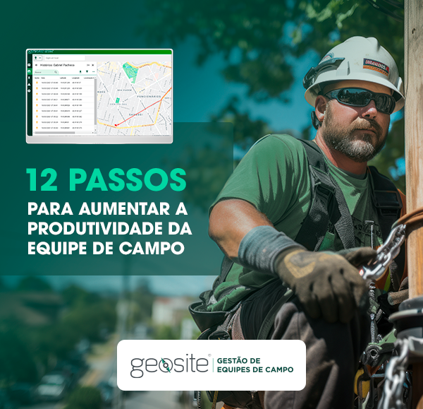 aumentar a produtividade: uma imagem do sistema da Geosite Equipes de Campo, com letras brancas, o nome do artigo e o logotipo da Geosite Equipes de Campo.