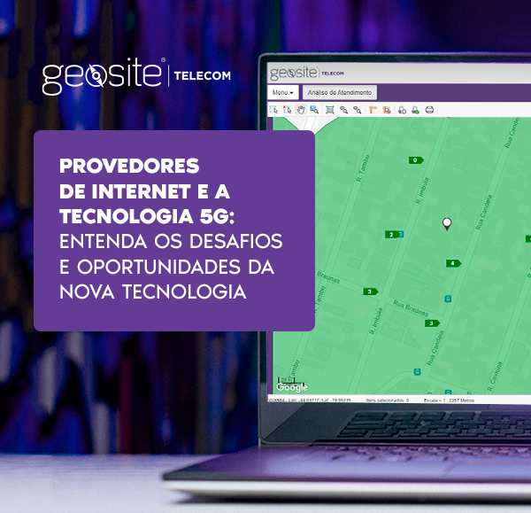 tecnologia 5G: um notebook com a imagem da ferramenta Geosite Telecom, com letras brancas e o fundo roxo, com o nome do artigo.