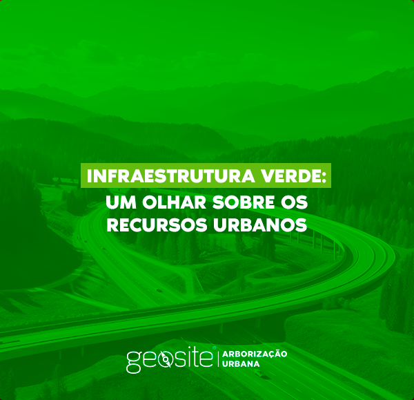 Infraestrutura Verde: o fundo tem uma pista com montanhas e árvores. Em letras brancas tem a frase do título do artigo Infraestrutura Verde: um olhar sobre os Recursos Urbanos