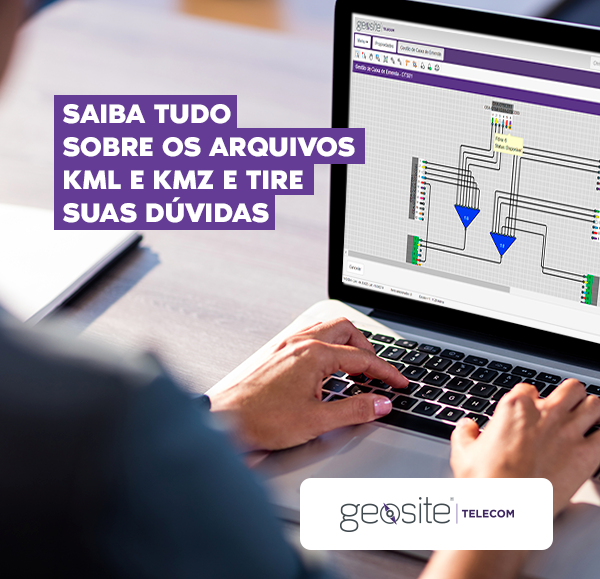 arquivo KML: uma pessoa usando o sistema da Geosite Telecom por meio do notebook, com letras brancas, o nome do artigo e o logotipo da Geosite Telecom.