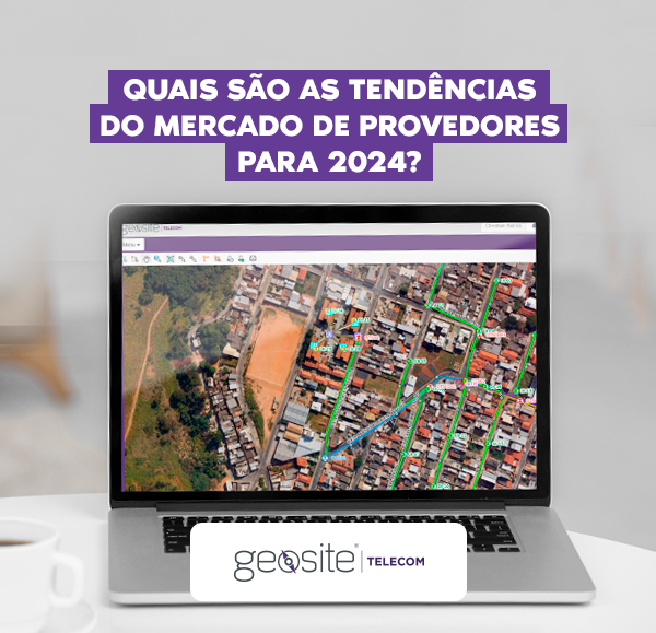 tendências de mercado: um notebook com a imagem do sistema da GeositeTelecom, com letras brancas, o nome do artigo e o logotipo da Geosite Telecom.