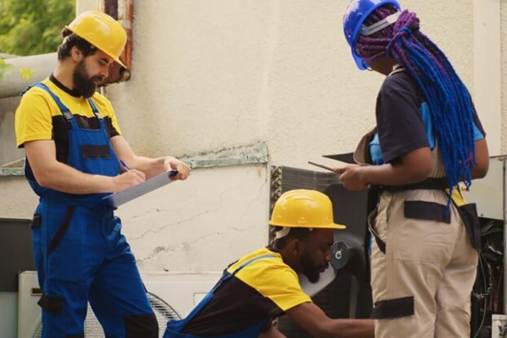 Três pessoas trabalhando em um local e demonstrando a importância da gestão de equipe externa.