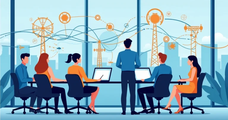 Ilustração corporativa plana de profissionais discutindo infraestrutura de telecomunicações com mapas, torres de sinal e fibras ópticas ao fundo