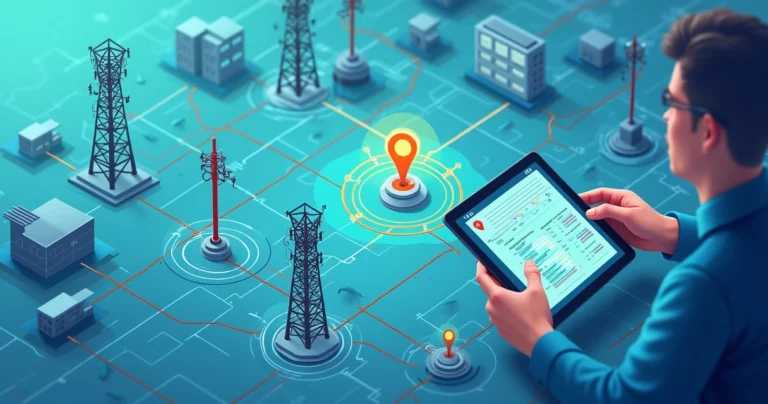 Ilustração flat corporativa de mapa digital com pontos de controle georreferenciados em uma rede de telecom