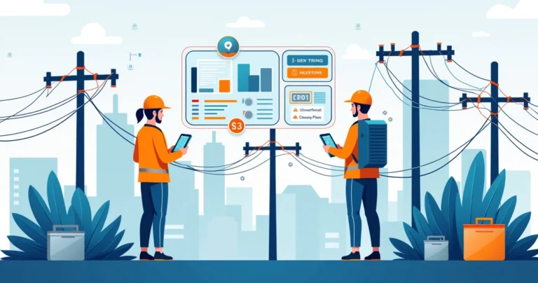 Ilustração corporativa plana de técnicos usando aplicativos móveis para gerenciar rede de fibra óptica com postes, caixas e CTOs em um painel digital