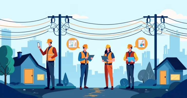 Ilustração corporativa de rede FTTH com técnicos usando tablet, postes, caixas e fibra óptica conectando casas e empresas