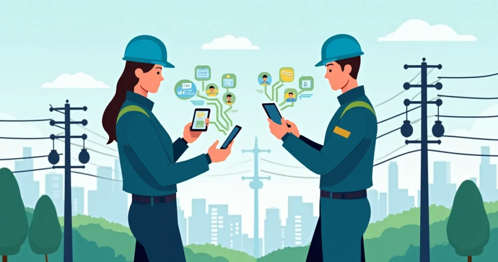 Ilustração corporativa de técnicos usando aplicativo móvel para gestão de rede de telecomunicações, com tela mostrando mapas e dados em tempo real