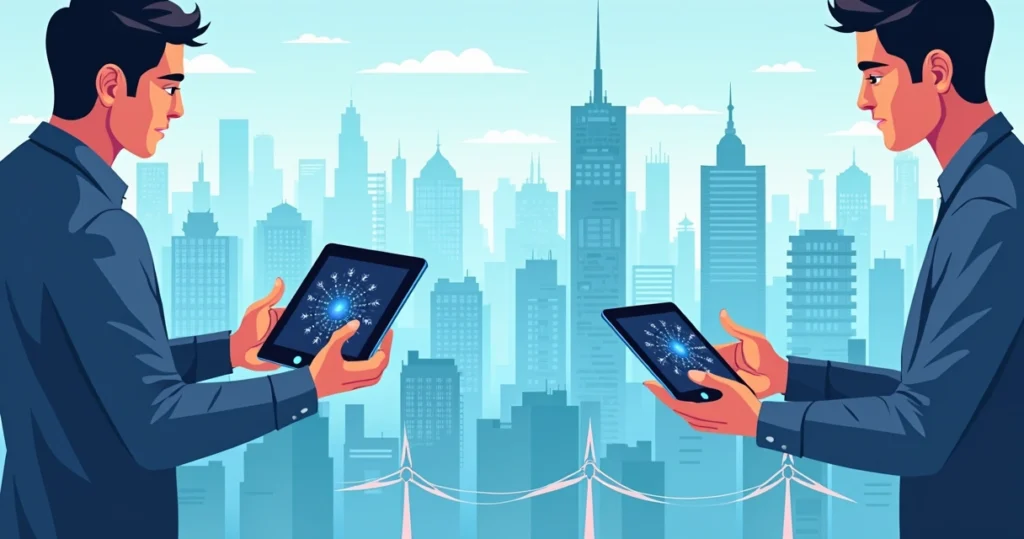 Ilustração corporativa plana mostrando técnicos utilizando tablets para gestão de redes de fibra óptica com cabos, postes e equipamentos conectados