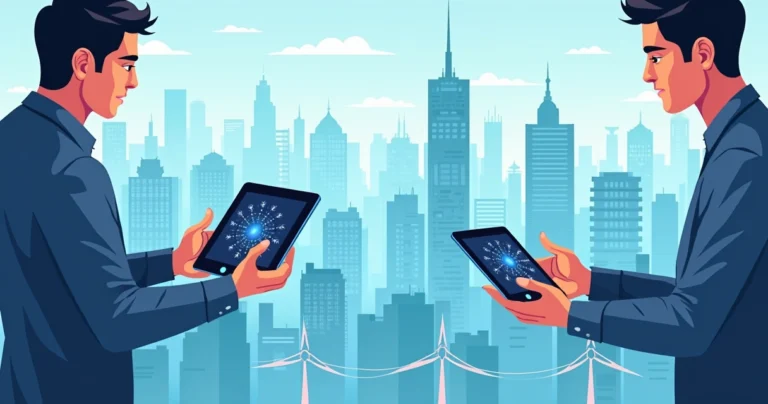 Ilustração corporativa plana mostrando técnicos utilizando tablets para gestão de redes de fibra óptica com cabos, postes e equipamentos conectados