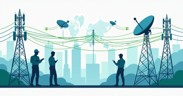 Ilustração corporativa flat mostrando infraestrutura de ISPs com torres, cabos de fibra óptica, satélite e técnicos usando dispositivos móveis