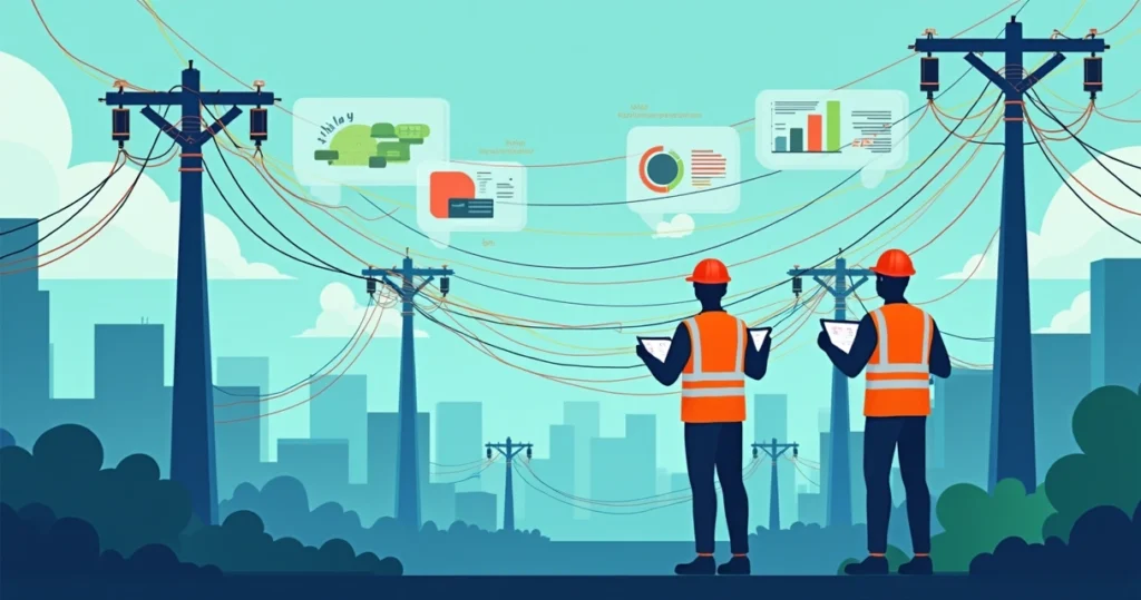 Ilustração corporativa plana mostrando técnicos monitorando rede de telecomunicações de provedores de internet com dispositivos móveis e dashboards com gráficos