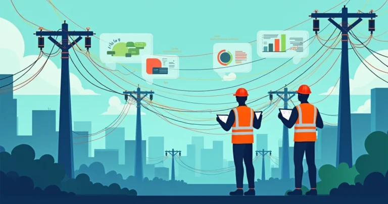 Ilustração corporativa plana mostrando técnicos monitorando rede de telecomunicações de provedores de internet com dispositivos móveis e dashboards com gráficos
