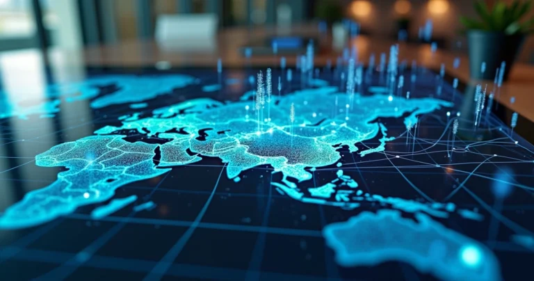 Mapa digital detalhado com rede de fibra óptica georreferenciada e dados geoespaciais coloridos