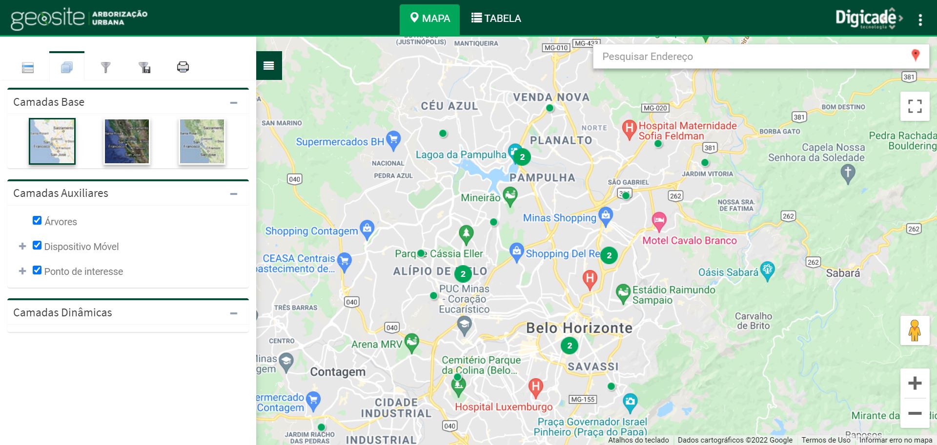 Interface do Geosite Arborização Urbana — mapa georreferenciado com inventário arbóreo e ordens de serviço
