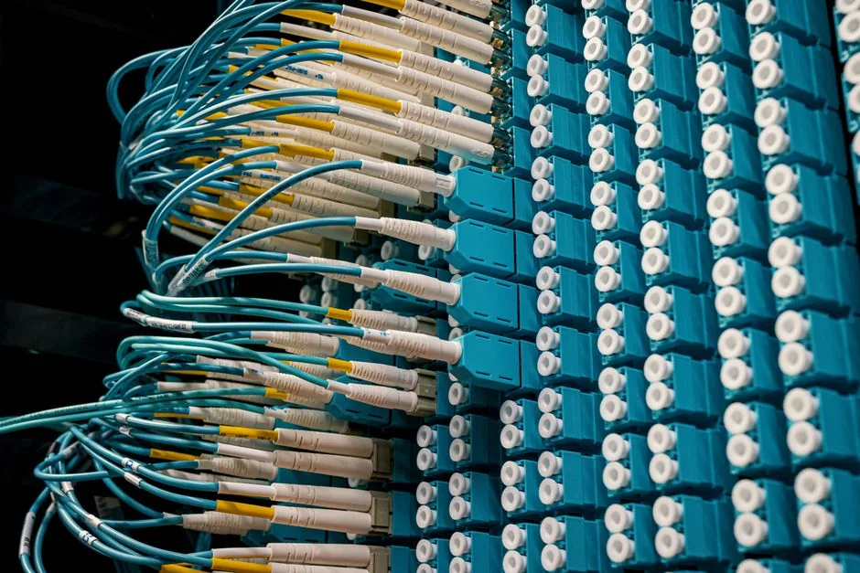 Cabos de fibra &oacute;ptica conectados a patch panel &mdash; componentes da infraestrutura de backbone de rede