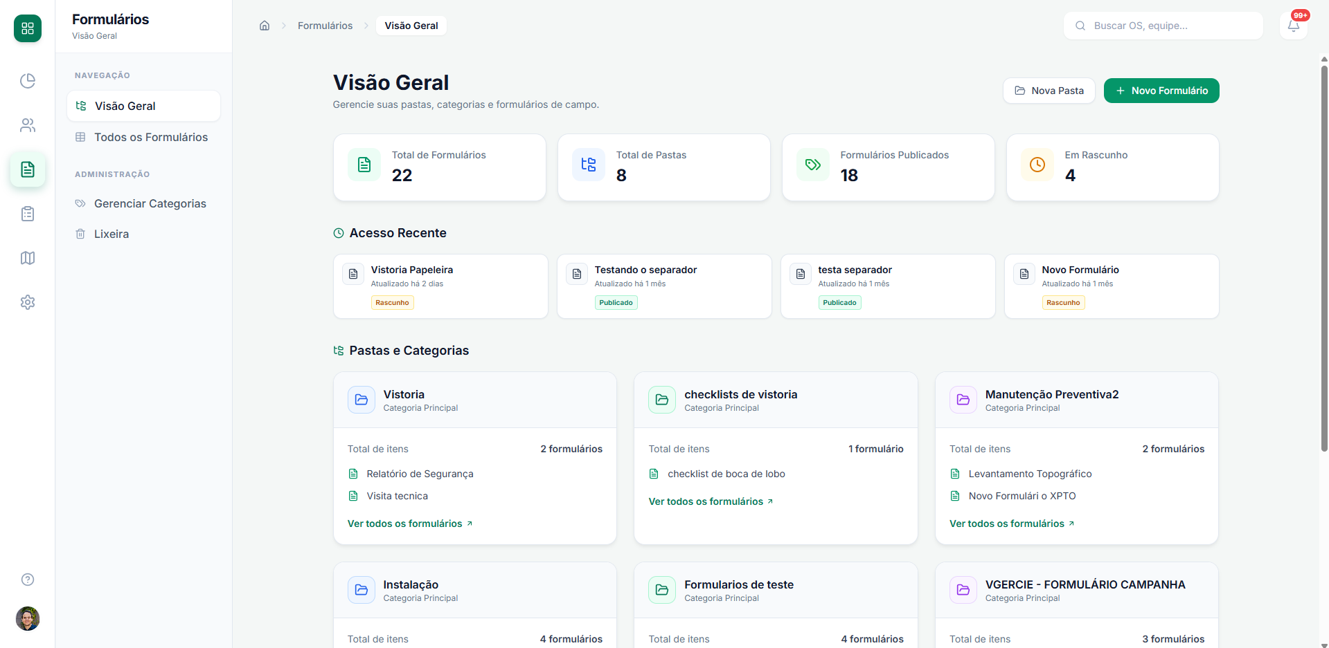 Dashboard do Geosite Gestão de Campo exibindo visão geral da operação: OS abertas, executores em campo, OS por status e estado da frota em tempo real