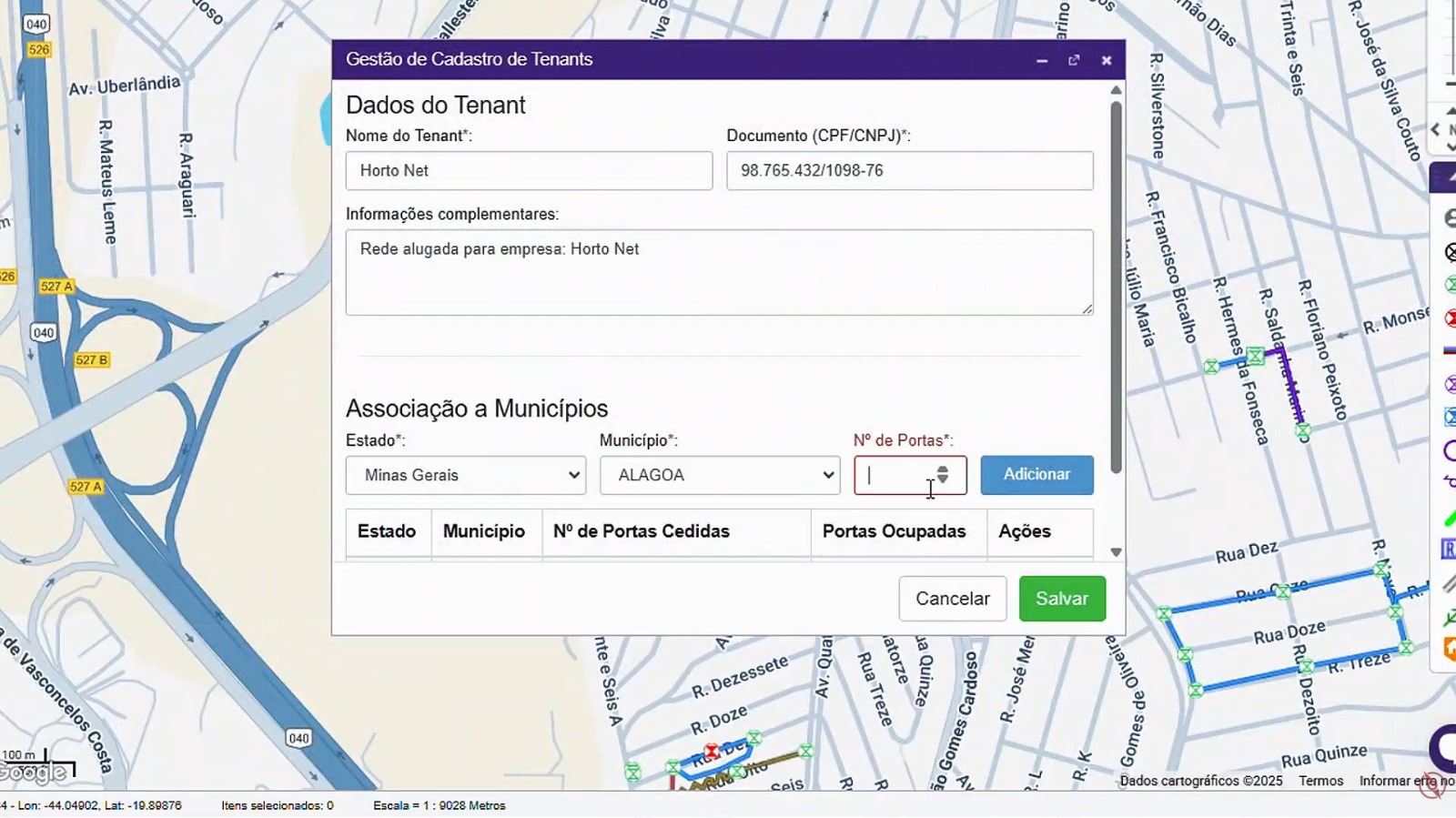 Geosite Telecom — tela de Gestão de Cadastro de Tenants com portas cedidas e portas ocupadas por provedor filho
