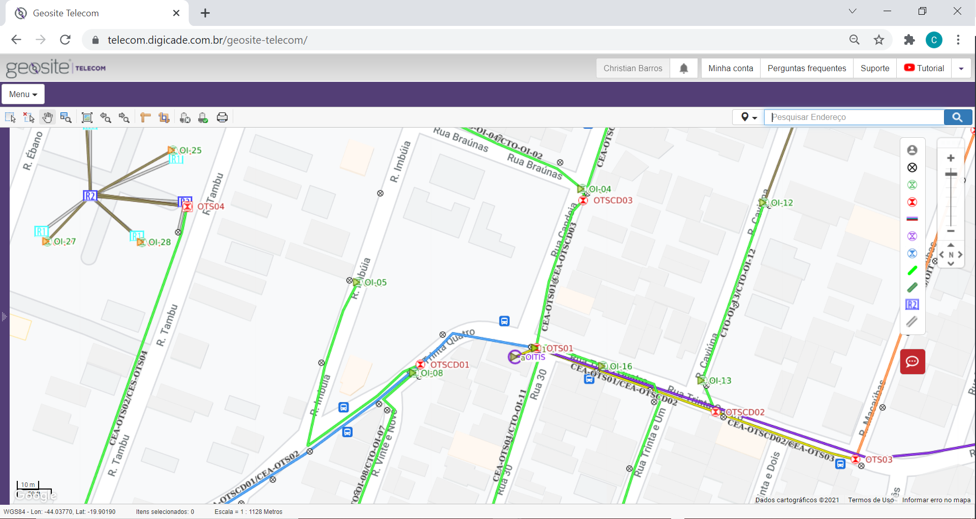 Mapa do Geosite Telecom com múltiplos elementos de rede — cabos, CTOs e splitters de diferentes operadores na mesma infraestrutura